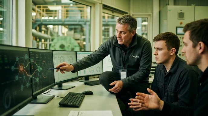 Un technicien expérimenté explique un schéma de production à deux collègues plus jeunes, dans un environnement industriel