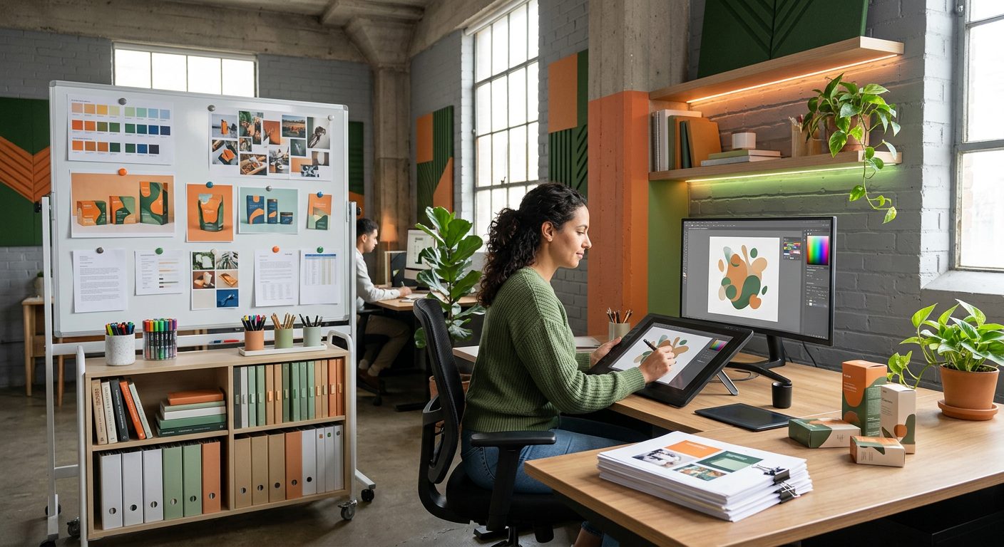Bureau d'un studio créatif organisé, avec un designer travaillant sur des visuels de packaging et d'identité de marque