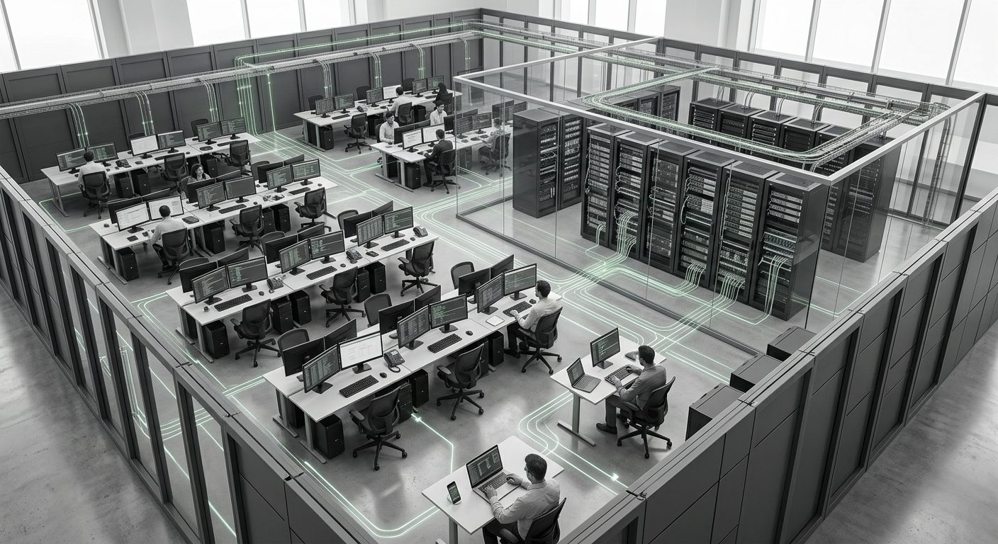 Salle serveurs et open space IT modernes avec câblage réseau mis en valeur