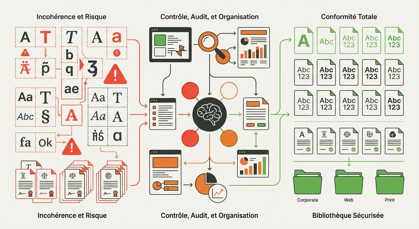 Infographie Conformité typographique et TypoSûre présentant les étapes d'audit, de gouvernance et de bibliothèque sécurisée